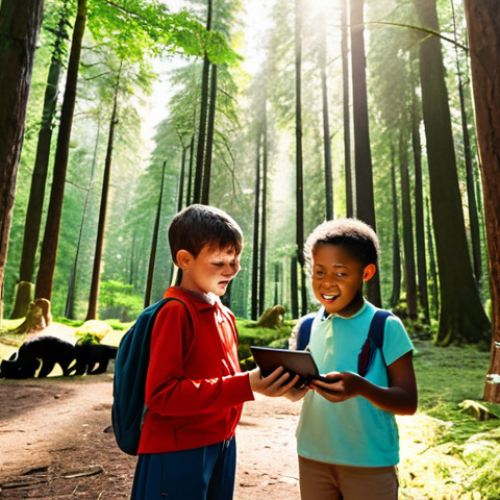 Home 8 **
A vibrant scene depicting a group of diverse kids engaged in an augmented reality (AR) nature walk. The kids are using tablets to view digital overlays on the real-world environment, revealing historical facts and virtual animals. The setting is a lush forest with sunlight filtering through the trees. The overall mood is one of excitement, discovery, and learning.
**