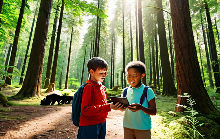 **
A vibrant scene depicting a group of diverse kids engaged in an augmented reality (AR) nature walk. The kids are using tablets to view digital overlays on the real-world environment, revealing historical facts and virtual animals. The setting is a lush forest with sunlight filtering through the trees. The overall mood is one of excitement, discovery, and learning.
**
