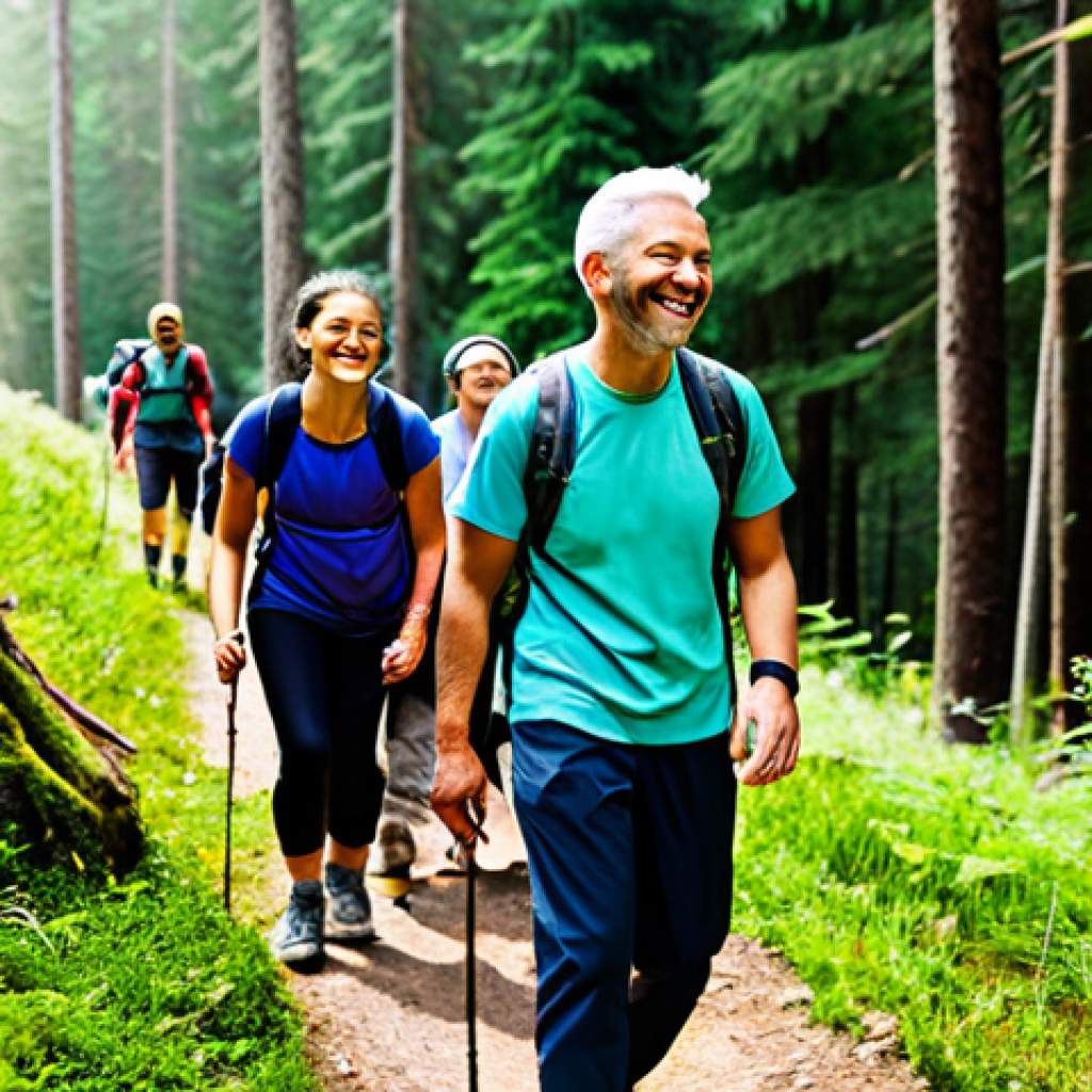 **Image:** A group of diverse individuals participating in an outdoor recreation activity, such as hiking in a forest. They are all wearing appropriate hiking attire, fully clothed, and smiling. The scene should be bright and sunny.
    **Prompt:** "A group of diverse hikers on a forest trail, fully clothed in appropriate hiking gear, enjoying a sunny day, safe for work, perfect anatomy, natural pose, professional outdoor photography, high quality, modest, family-friendly."