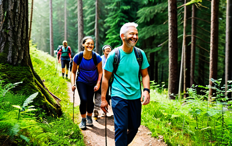 **Image:** A group of diverse individuals participating in an outdoor recreation activity, such as hiking in a forest. They are all wearing appropriate hiking attire, fully clothed, and smiling. The scene should be bright and sunny.
**Prompt:** "A group of diverse hikers on a forest trail, fully clothed in appropriate hiking gear, enjoying a sunny day, safe for work, perfect anatomy, natural pose, professional outdoor photography, high quality, modest, family-friendly."