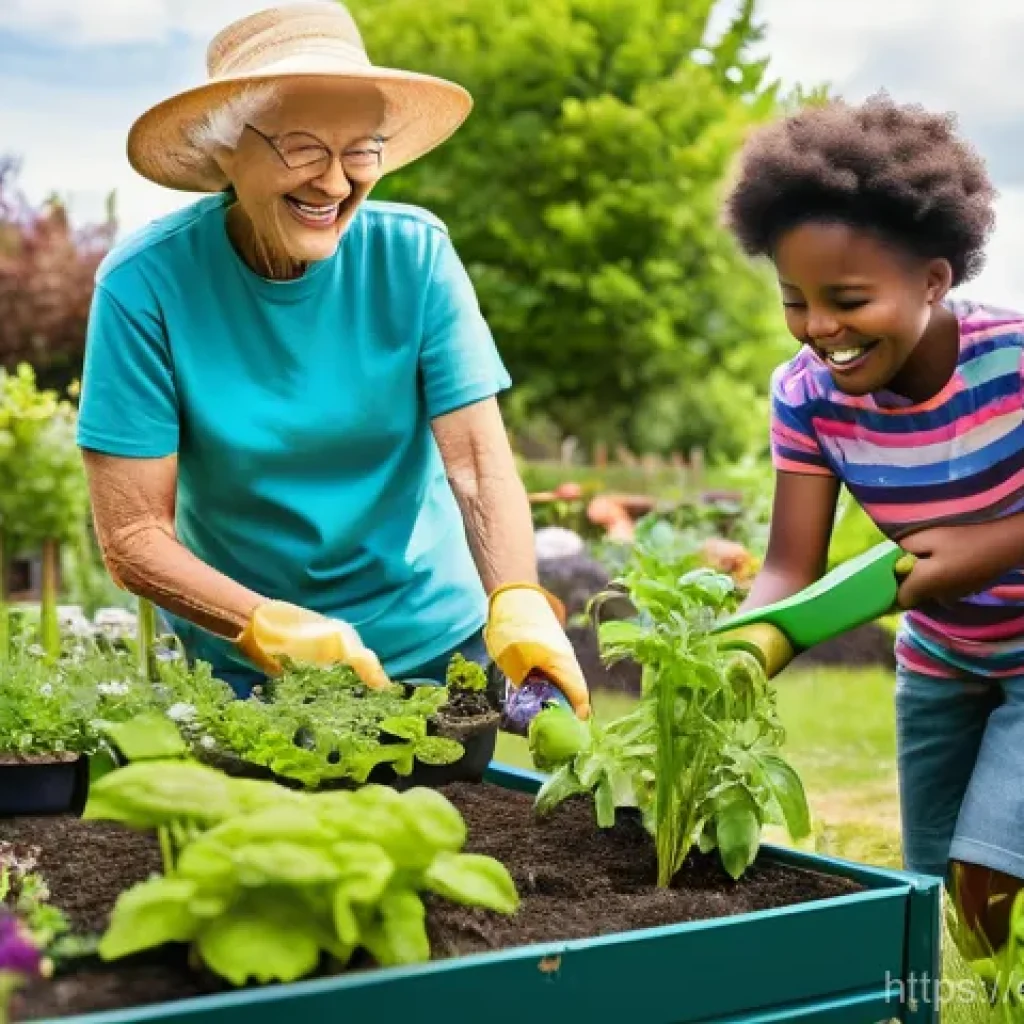 레크리에이션 활동의 사회적 가치 - **Prompt:** A vibrant, multi-generational community garden bustling with activity on a sunny afterno...