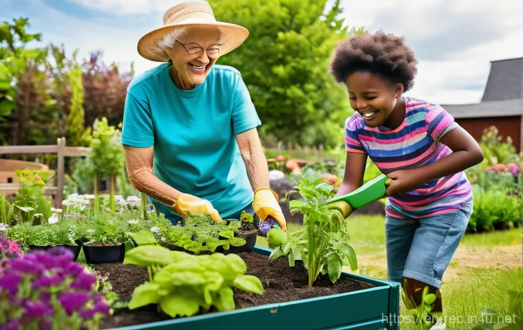 레크리에이션 활동의 사회적 가치 - **Prompt:** A vibrant, multi-generational community garden bustling with activity on a sunny afterno...