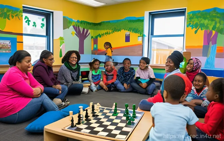 레크리에이션 지도자 취업 시장 동향 - **Vibrant Community Hub: Intergenerational Activities**
    A lively, brightly lit community center ...