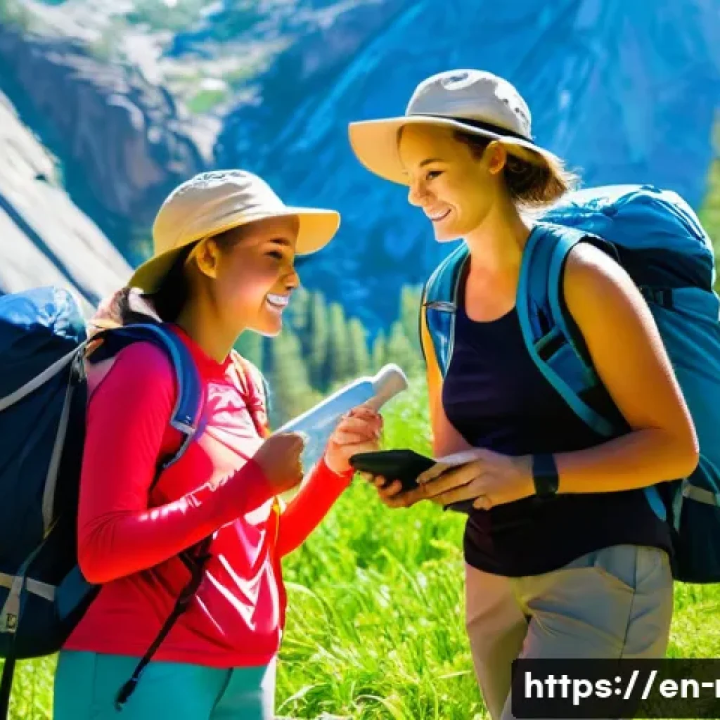 레크리에이션 활동에서의 리스크 관리 - **Image Prompt:** A vibrant, sun-drenched scene of two female friends hiking a well-maintained trail...