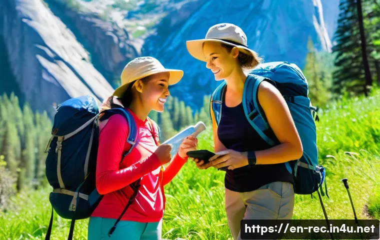 레크리에이션 활동에서의 리스크 관리 - **Image Prompt:** A vibrant, sun-drenched scene of two female friends hiking a well-maintained trail...