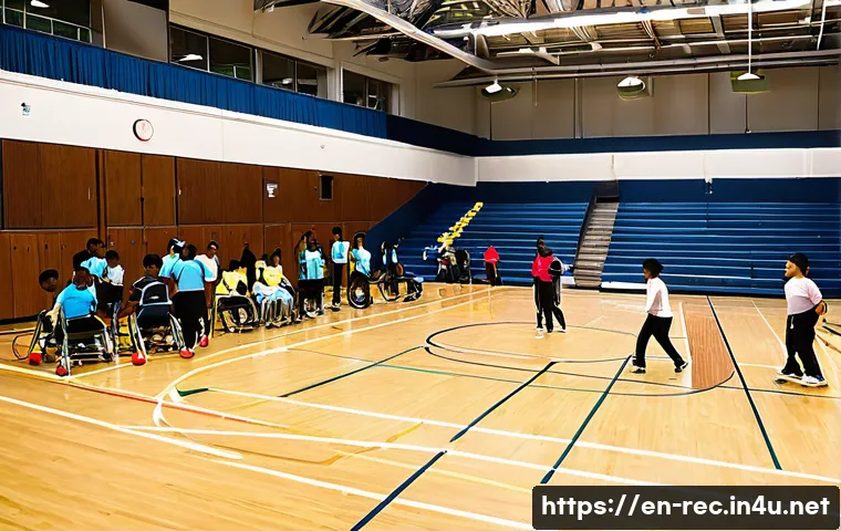 레크리에이션 활동 참가자 만족도 조사 - A vibrant community sports event held in a newly renovated indoor gymnasium, featuring diverse parti...