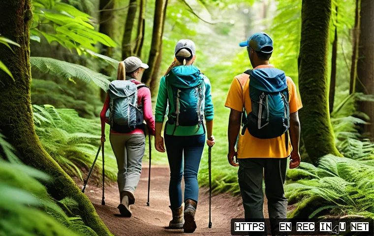 레크리에이션 실무 능력 향상 팁 - A serene outdoor scene showing a diverse group of adults in a local hiking club gathered on a forest...