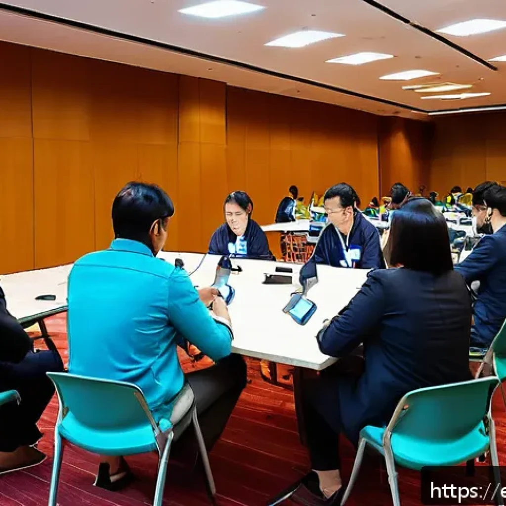 레크리에이션 현장 문제 해결 사례 - A dynamic event management scene inside a modern conference hall, showing a diverse team of adults q...