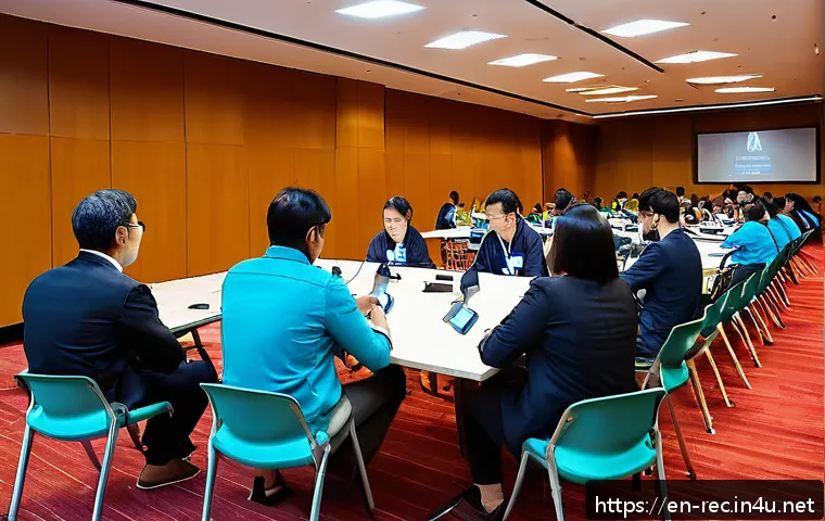 레크리에이션 현장 문제 해결 사례 - A dynamic event management scene inside a modern conference hall, showing a diverse team of adults q...