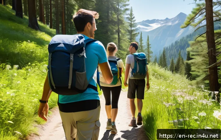 레크리에이션 활동의 심리적 효과 - A serene outdoor scene featuring a diverse group of adults enjoying a sunny weekend hike on a forest...